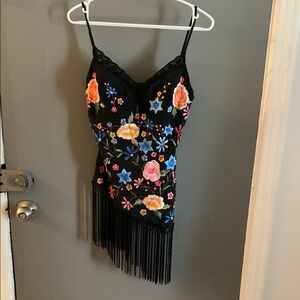 Caché vintage y2k fringe asymmetrical heavily embroidered 100% silk top